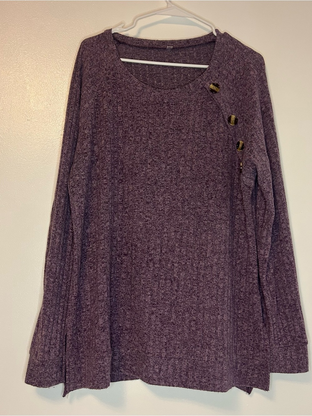 Women’s Purple Heathered Long Sleeve Tunic Top Button Detail Soft Knit